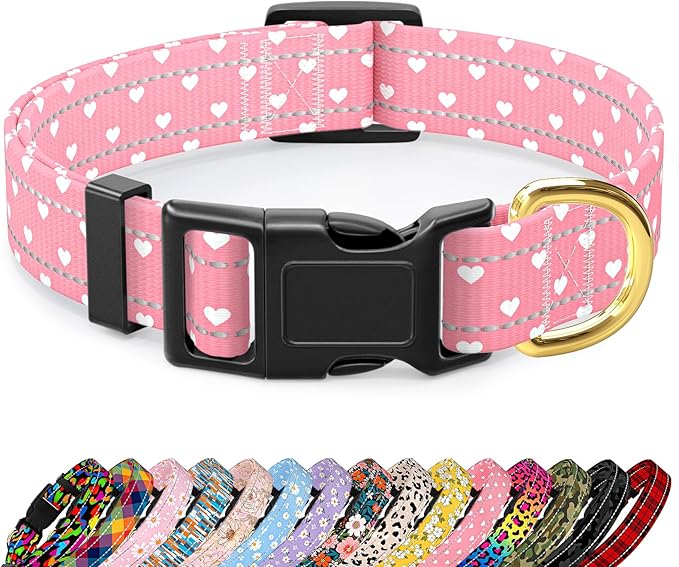 Reflective Dog Collar for Medium Dogs, Cute Adjustable Heavy-Duty Nylon Puppy Collars for Boy and Girl Female, Soft Pet Accessories with Quick Release Buckle, Neck 14-20", Pink Hearts