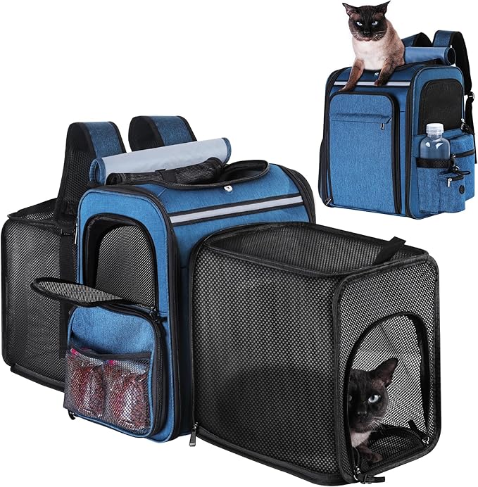 Cat Carrier Backpack for Travel,Dog Carrier Backpack for Large cat, Small Dogs,Puppies Up to 20 Lbs,Expandable Cat Backpack for Outdoor Hiking,Pet Carrier Backpack,Cat Backpack Carrier (Blue)