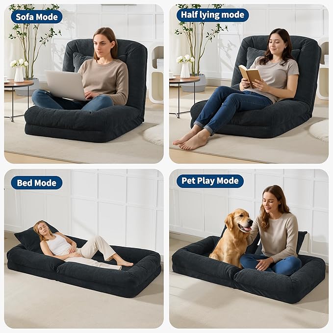GarveeHome Human Dog Bed for Adult, Comfy Lazy Sofa Bed with 2 Pillows & 5 Adjustable Position, Chenille Upholstered Lounge Chair for Living Room Bedroom Black