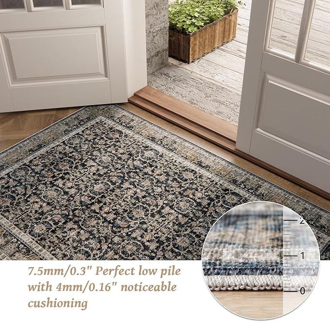 Washable 5x7 Area Rugs for Living Room, Boho Non-Slip Silicone Backing Rugs for Bedroom Dining Room Nursery Office, 0.3" Neutral Oriental Throw Carpet with 0.16" Cushioning Pad, Black/Multi