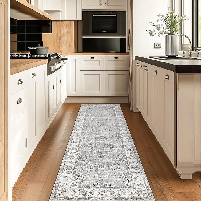 jinchan Runner Rug 2x6 Machine Washable Hallway Rug Grey Vintage Floral Print Non-Slip Low Pile Ultra-Thin for Kitchen,Entryway,Laundry Room,Bedroom,Farmhouse (2‘x6’,Grey)