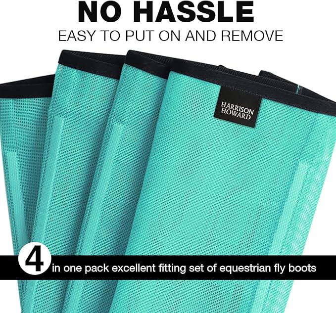 Harrison Howard Loose Fitting Fly Boots UV-Protective Extra Tough Mesh Ventilated Four Fasteners Stay-on Design Protect Horse Legs & Stomp-Reducing Set of 4 Mint Yearling