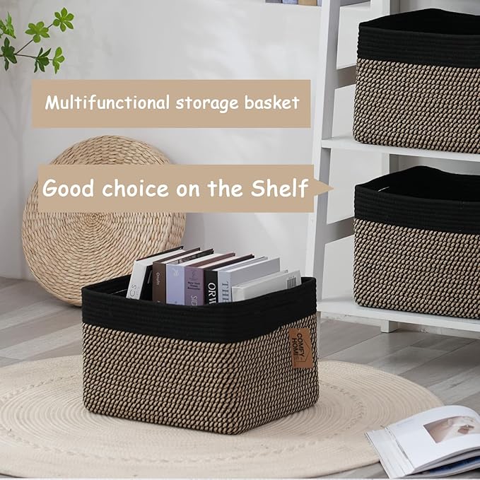 COMFY-HOMI Cotton Rope Woven Basket with Handles for Shelves,Toys,Book, Cloth Storage Baskets Bin for Organizing-13.5"x11"x9.5" Toy Decorative Organizer for Living Room, Bathroom-Black/Jute