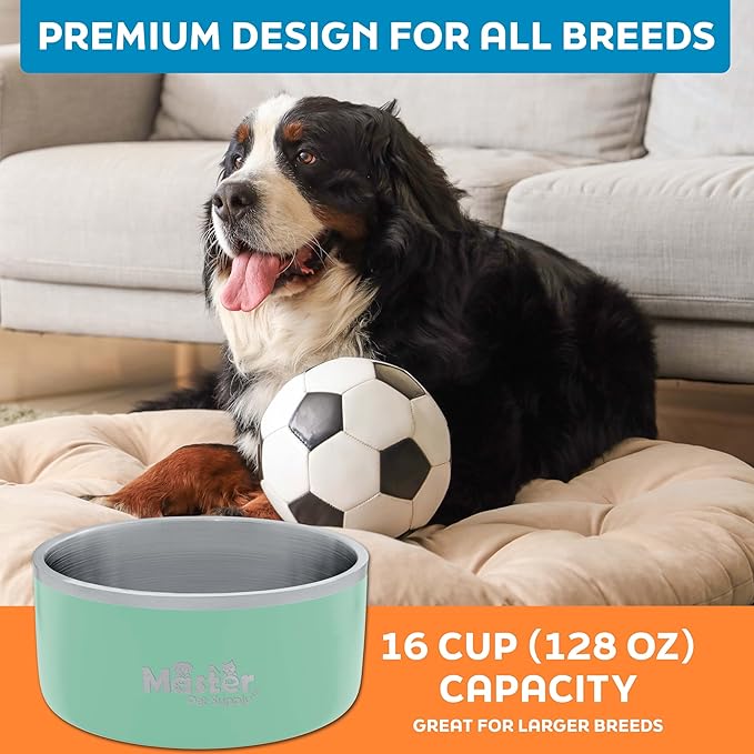 Master Pet Supply Stainless Steel Dog Bowls - 128 oz, Heavy Duty - Pistachio, Double Wall Extra-Thick Insulated, Non-Slip Pet Water Bowl for Dogs, Cats & Pets, Anti Rust Metal, Dish Washer Safe