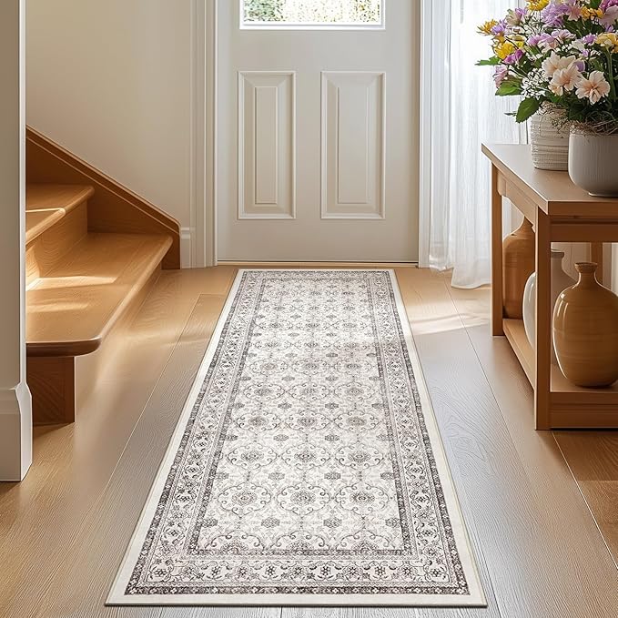 jinchan Runner Rug 2x7 - Machine Washable Beige Vintage Floral Distressed Design Soft Non-Slip Low-Pile Ultra-Thin Runner Rug for Kitchen Hallway Laundry Room Entryway Farmhouse (2‘x7',Beige)