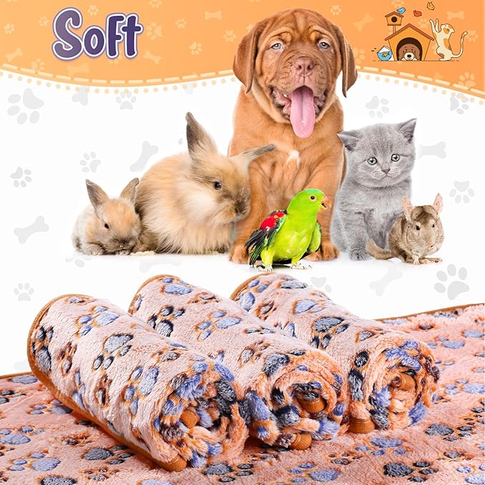 Tatuo 4 Pcs Dog Blanket for Pet Cat Blankets Indoor Puppy Teething Stuff Toys Paw Print Fleece Soft Blanket Sleep Mat for Guinea Pig Cage(Coffee,Medium(30 x 20.5 Inch),Square)