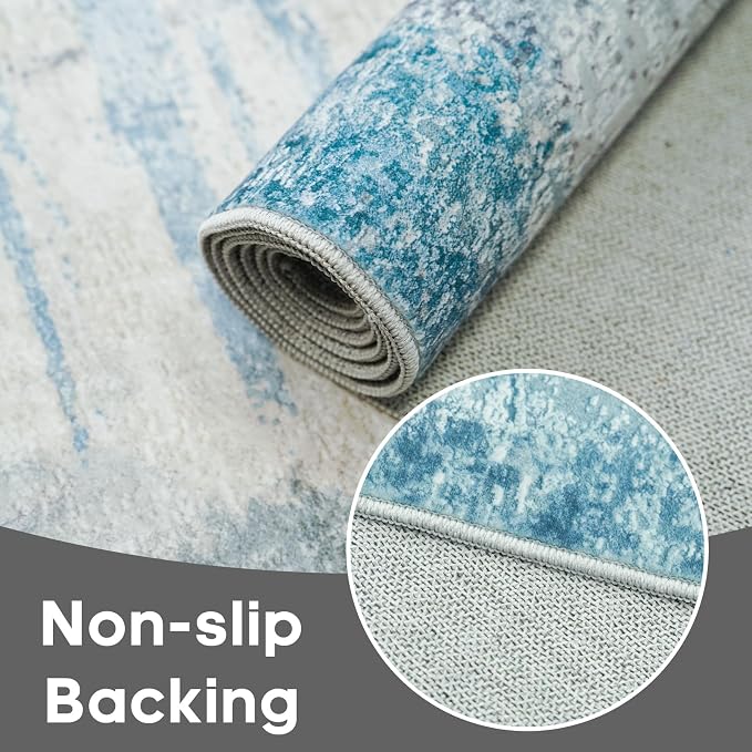 Blue Abstract 3x8 Washable Non Slip Hallway Runner Rug | Soft Low Pile Indoor