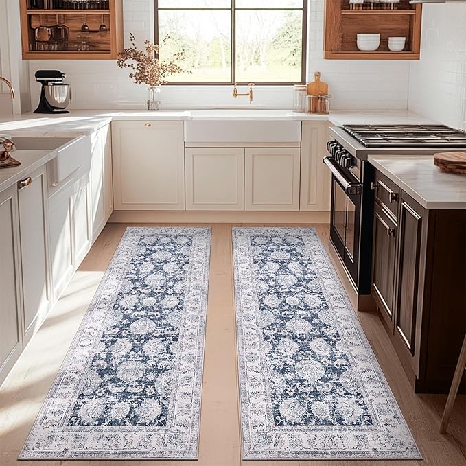 jinchan Runner Rug 3x10-2pcs Kitchen Washable Vintage Hallway Rug Floral Print Floor Cover Indoor Thin Retro Mat Accent for Bathroom Laundry Room Bedroom Office Farmhouse (Double,Dark Blue)