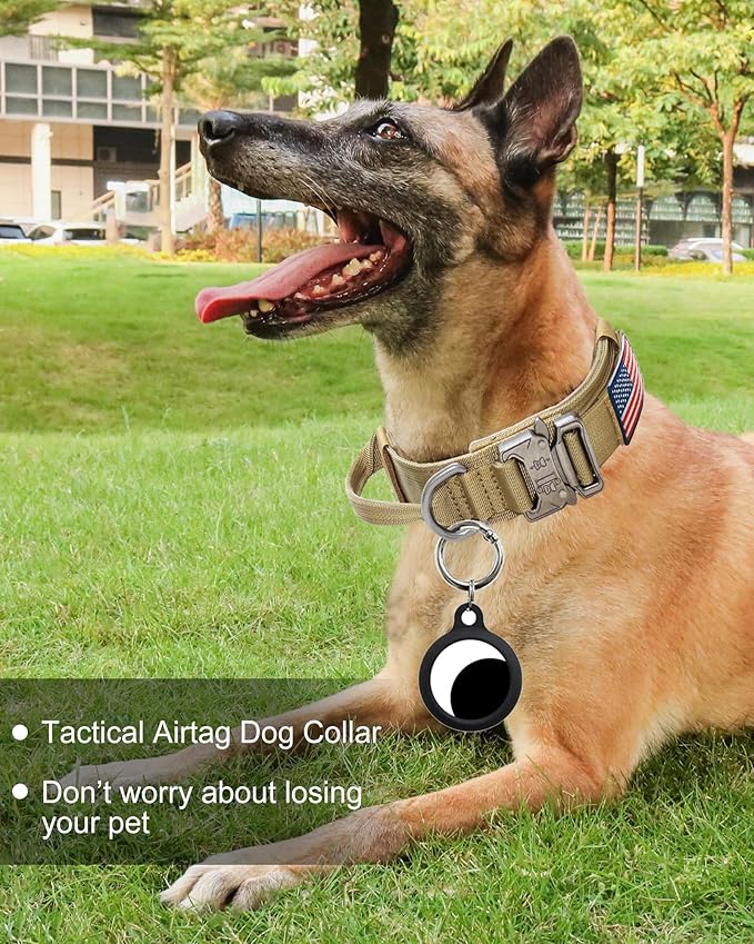 Hotsky Tactical Dog Collar, Adjustable Military Training Nylon Airtag Collar with Handle and Heavy Duty Metal Buckle for Medium Large Dogs, with Airtag Holder and Two Patches（Brown,L）