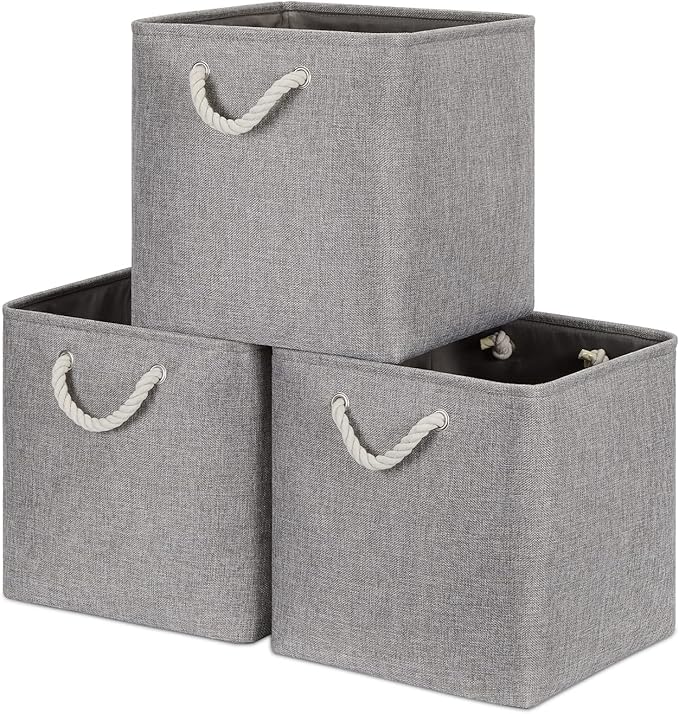 Bidtakay Grey Baskets Foldable Storage Cube Bins 13x13x13 Cube Storage Organizer Closet Set of 3 Fabric Storage Baskets for Home Office Large Baskets for Nursery Baby Toy Storage