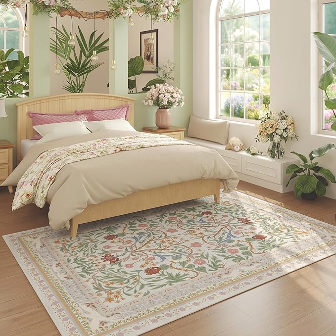 5x7 Washable Rug Vintage Floral Botanical Area Rug Non Slip Low Pile Large Rugs for Living Room, Bedroom, Farmhouse, Dining Room, Kids Playroom, Beige