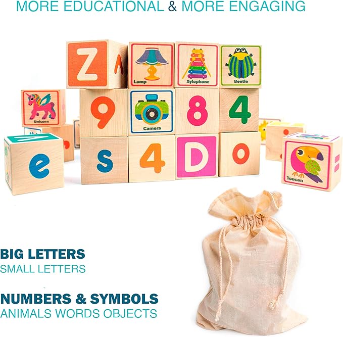 QUOKKA Wooden Blocks for Toddlers 1-3 - 26 ABC Learning Baby Blocks for Kids 3-5 Year Olds Stacking Alphabet Wood Toys for 2-4 yo - Educational with Letters Numbers