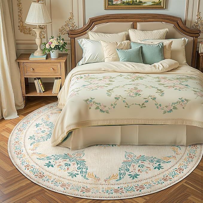 jinchan Round Rug 6ft Area Rugs Vintage Floral Distressed Design,Machine Washable Soft Non-Slip Low-Pile Ultra-Thin Circle Rug for Bedside Living Room Dining Room Bedroom (6' Round, Apricot Multi)