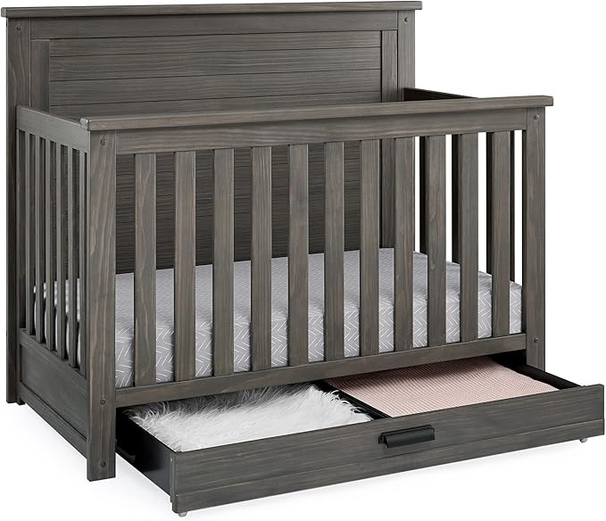 Delta Children Simmons Kids Caden 6-in-1 Convertible Crib with Trundle Drawer, Greenguard Gold Certified, Rustic Grey