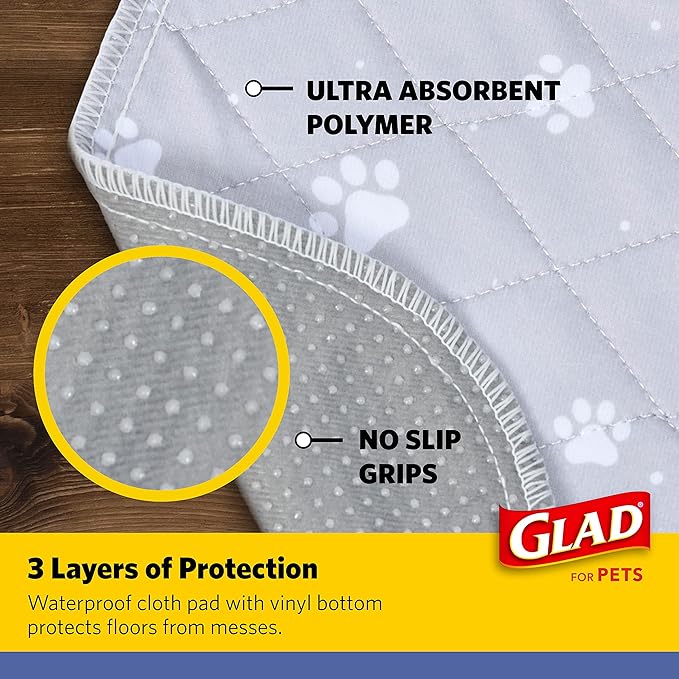 Glad for Pets Reusable Dog Pee Pads, Gray with Paw Prints - Washable Potty Pads for Dogs, Cloth Puppy Potty Training Pads, Puppy Essentials, Waterproof Pet Mats for Floor, 18” x 24”, 2 Count