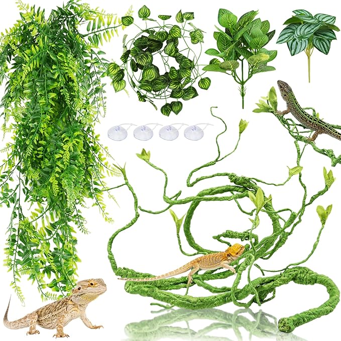 Bearded Dragon Tank Accessories for Habitat, Terrarium Hanging Plants Artificial Leaves Reptile Hide, Leopard Gecko Tank Accessories Hide Terrarium Decor for Lizard Geckos Chameleon Snake