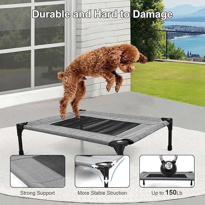 Raised Dog Bed Cooling Cot for Indoor Outdoor Use Portable Waterproof Mesh Pet Bed Washable for Large Medium Small Dogs, Grey