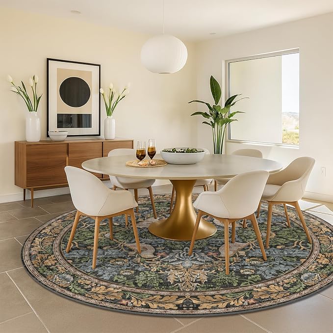 Washable Boho Round Rugs 8ft for Living Room, Ultra Soft Forest Large Circular