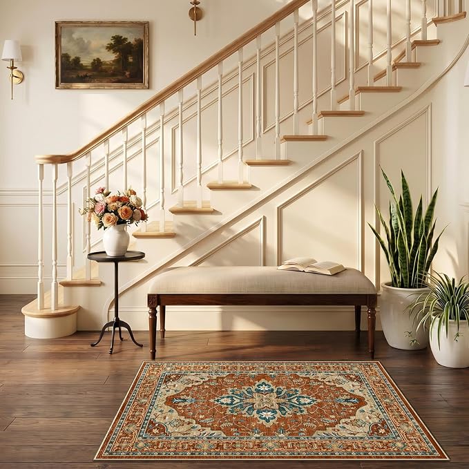 RELEANY Area Rugs Small 2'6"x4' Washable Non-Slip, Floral Vintage Distress