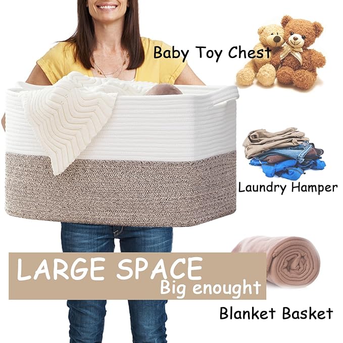 COMFY-HOMI Large Laundry for Organizing|Rectangle Cotton Rope Storage with Handles|Blanket for Living Room|Woven Laundry for Towels, Toys, Clothes-22x15x12”-White/Brown