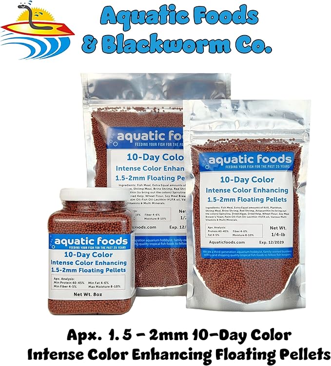 Aquatic Foods Inc. Ultra Intense Color Enhancing with a 10-Day Color Change, 1.5mm - 2mm Floating Pellets for Cichlids, Discus, All Baby and Small Tropical Fish & Pond Fish...1/2-lb Bag