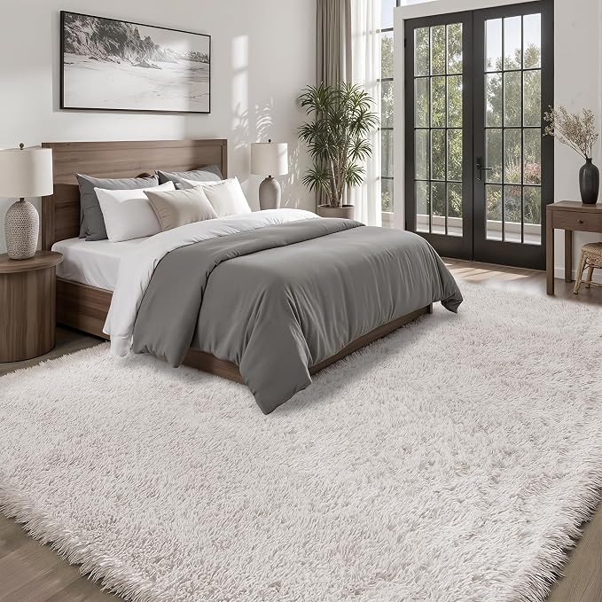 Area Rug for Living Room Bedroom: 9x12 White Soft Fluffy Shag Upgrade Non-Slip