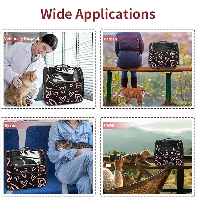 Portable Travel pet Backpack Carrier Hamster Bag Small Dog cat Carrier Breathable Hang Bag, Pink Hearts