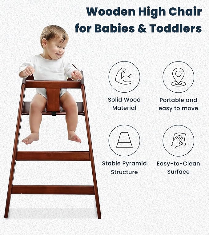 Alpine Wooden High Chairs for Babies and Toddlers with Safety Strap, Commercial Grade Restaurant High Chair, Durable Wood Space Saver Baby Feeding Chair, Ideal for Dining Spaces (2 Pack, Mahogany)