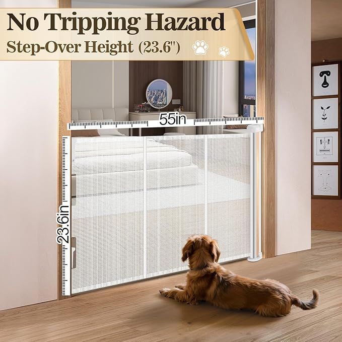23.6" H Short Dog Gate Puppy Gate Pet Fence to Step Over,Retractable Mesh Doggie Gates Expands Up to 55 Inches Indoor Outdoor Dog Gates for Doorways Stairs