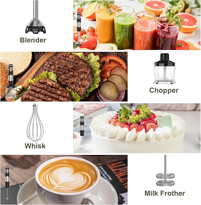 Immersion Blender Handheld 5 in 1-1100W Scratch Resistant Blender Stick, 12 Speed and Turbo Boost Hand Blender with Chopper Beaker Whisk and Milk Frother for Milkshake Puree Smoothie Food