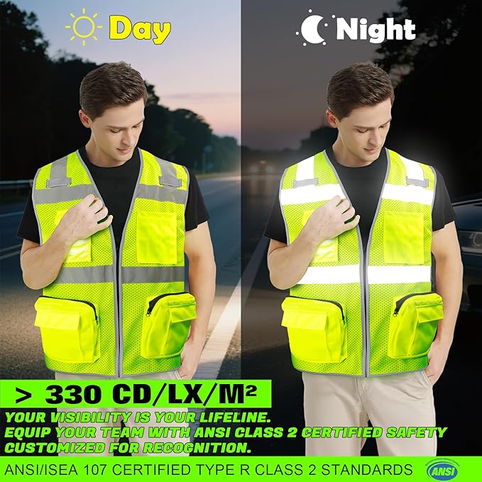 BeautyWill Custom Logo 10 Pack Safety Vest Mesh High Visibility Reflective Vest Customized Logo Utility Zipped Pockets Construction Workwear （Yellow,S）