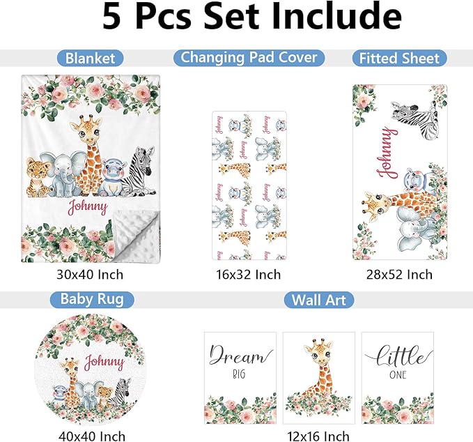 Custom 5-Piece Baby Crib Bedding Set, Personalized Name for Kid Toddler, Animal Nursery for Boy Girl, Double Layer, Customized Gift for Infant