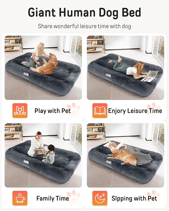 YEFU Human Dog Bed for Adult- Extra 79"x45"x12" Large Dog Beds - Human Size Dogs Bed Washable Faux Fur Cover - Orthopedic Foam Dogs Beds with for Sleep Nap in Bedroom Dark Grey