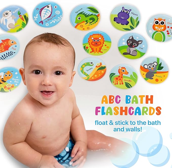 Floating Animals & Alphabet Flash Cards for Bathtub - Preschool Learning Toddler Flash Cards - Educational Bath Toys for 18 Months+ (Set of 26)