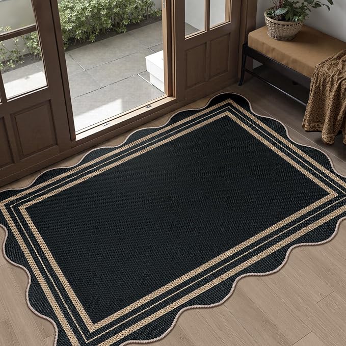 Easy Jute Black Front Door Mat, 2.6x4 Washable Entryway Rug Non Slip Small