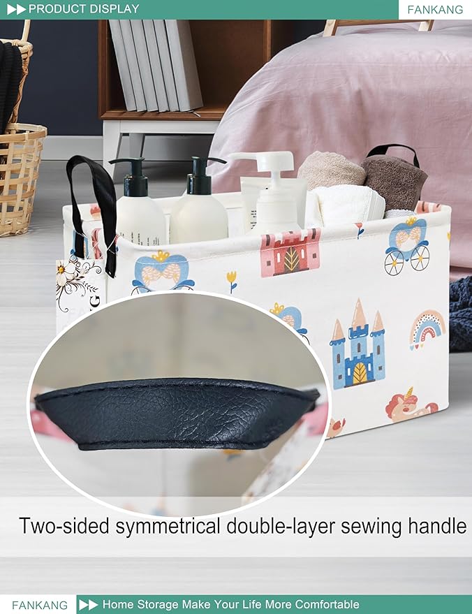 FANKANG Storage Bins, Nursery Hamper Canvas Laundry Basket Foldable with Waterproof PE Coating Large Storage Baskets for Kids Boys and Girls, Office, Bedroom, Clothes,Toys(Rec-castle carriage ）