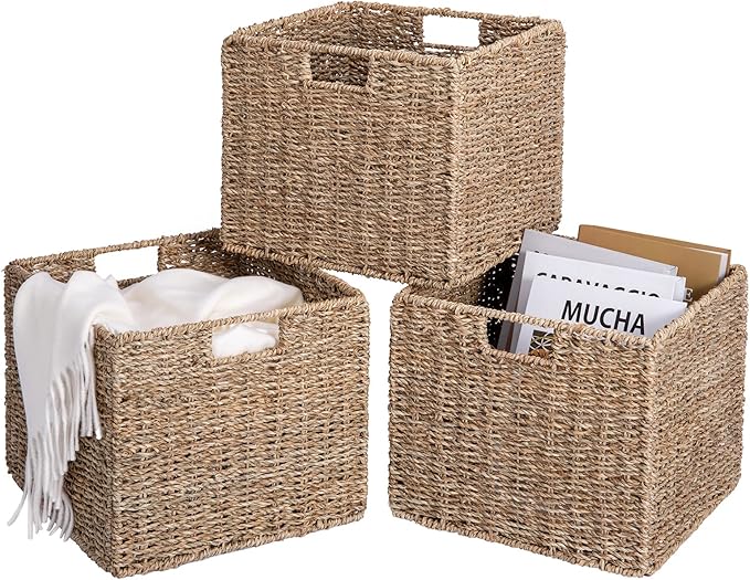 12x12x10in Seagrass Storage Baskets Set of 2, Large Wicker Storage Basket, Decorative Seagrass Shelf Basket, Pantry Baskets Organization,Folding Storage Cube Bins