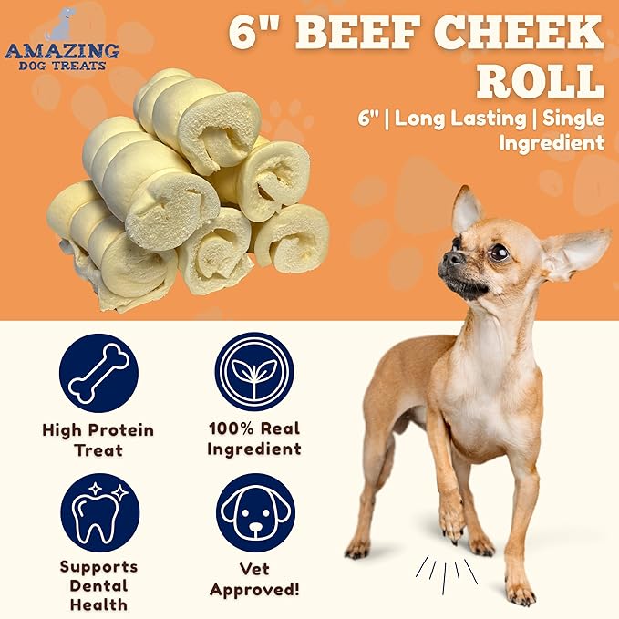 Amazing Dog Treats - Beef Cheek Rolls (6" Regular - 40 Pcs Bulk) - Safe Rawhide Alternative Dog Chew - Great for Power Chewers - Long Lasting Dog Chew - Retriever Rolls for Dogs…