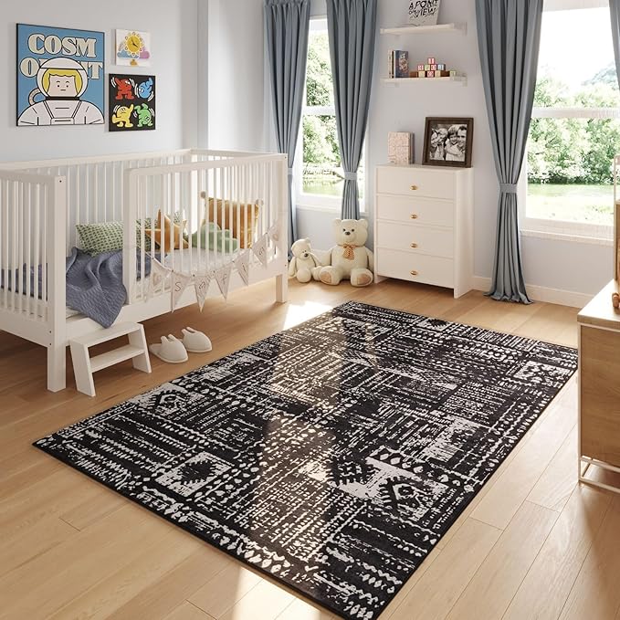 Area Rugs 8x10 Rug for Living Room Clearance Washable Boho Area Rug Non Slip Moroccan Vintage Low Pile Large Rug for Living Room, Bedroom, Farmhouse, Dining Room, Kids Playroom(Black)