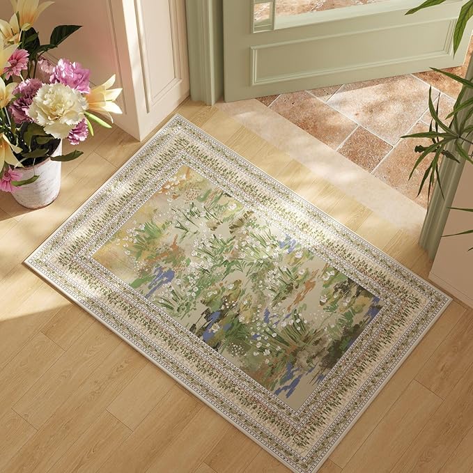 2x3 Rug Impressionist-Style Vintage Indoor Door Mat Machine Washable Small Area Rug Non-Slip Low Pile Throw Rugs for Entryway Kitchen Front Door Indoor Entrance Entry Kids Room, Beige