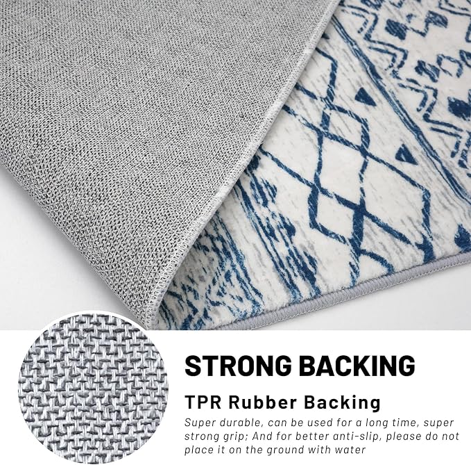 KUTA Moroccan Washable Hallway Runner Rug, 2x8 Non-Slip Vintage Blue White Boho