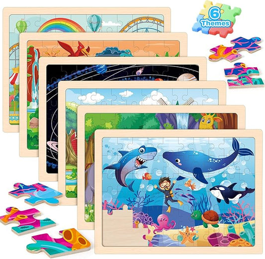LACCHOUFEE 6 Pack Wooden Vehicle Puzzles for Kids Age 3 4 5 Year Old, 60 Pcs Montessori Toddler Animals Jigsaw Puzzles for Girl boy Activities Preschool Learning Birthday Gift Travel Autistic Toy