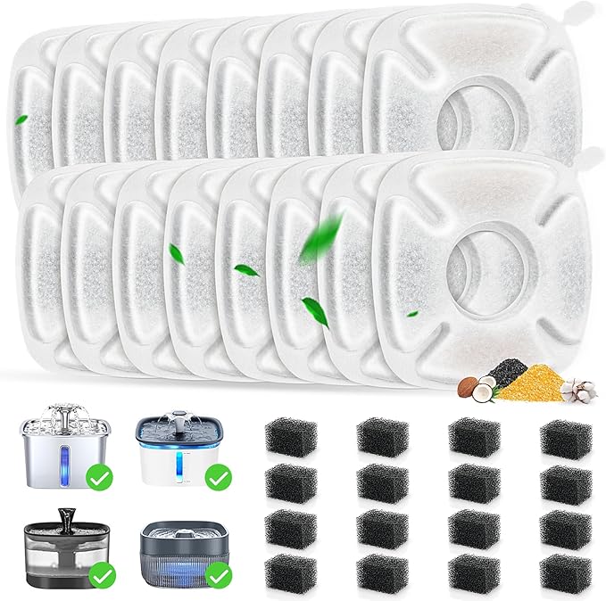 32 Pack Cat Water Fountain Filters, 16 Pcs Replacement Cats Fountain Filters & 16 Pcs Pre-Filter Sponges for 95oz/2.8L 135oz/4L 67oz/2L Automatic Pet Water Fountain Cat Dog Water Dispenser Filter