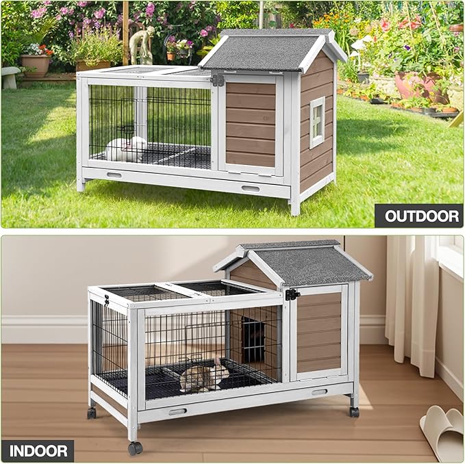 Wooden Rabbit Hutch Indoor and Outdoor, Rabbit Cage with Removable Wire Netting and Leak Proof Tray, Mobile Bunny Cage with Wheels (Brown)