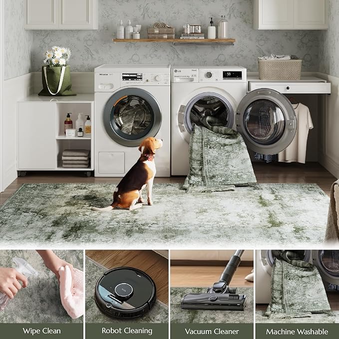 jinchan Washable Area Rug 8x10 for Living Room - Soft Faux Wool Ultra-Thin Stain Resistant Non-Slip Distressed Vintage Floral Large Carpet for Bedroom,Dining Room,Home Office,Nursery(Green, 8'x10')