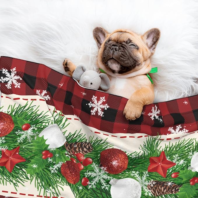 Xmas Blanket for Dog Cat - Snowflake Throw Blanket 40x30 Holiday Buffalo Plaid Pet Blanket for Couch Sofa Bed