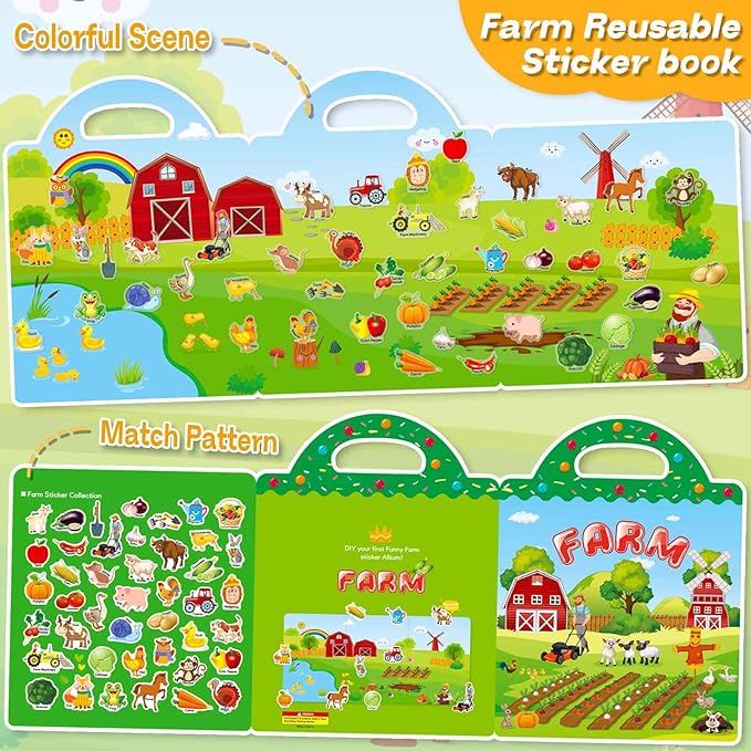 Reusable Sticker Books for Toddlers 1-3, 3 Sets Sticker Books for Toddlers 2-4 Years, Toddler Travel Toys for Kids 2 3 4 Year Old Girls Boys