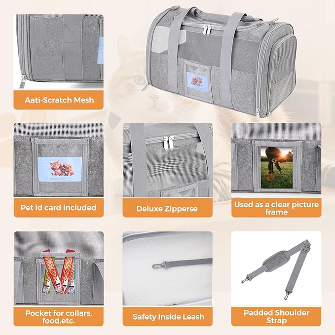 Cat Carrier Soft for Pets Up to 25 Lbs, Cat Travel Bag with Padded Shoulder Strap and Detachable Cat Food Bowl, Pet Dog Carriers for Small Dogs Travel Puppy Carry Airline Approved, Grey