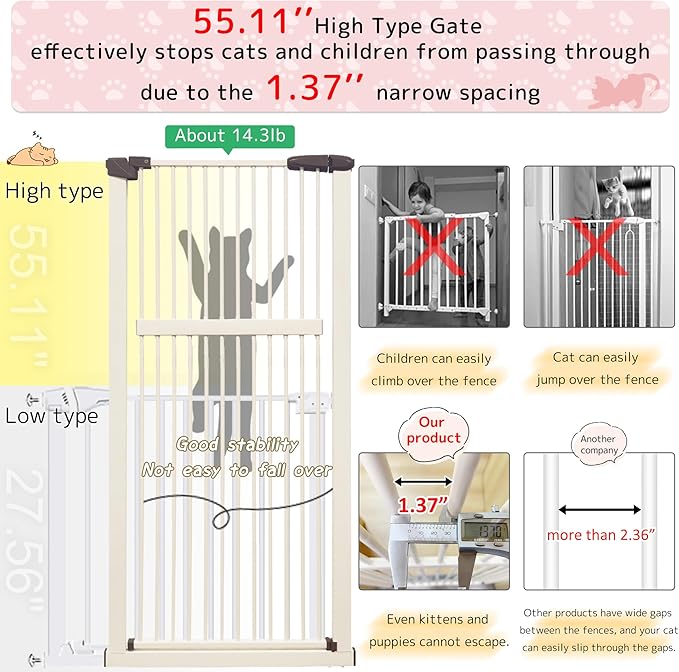 Lumizone Extra Tall Pet Gate 55.12" High Pressure Mounted 34.06"-38.38" Extra Wide (9 Sizes) 1.37" Gap for Cat Dog Stairs Doorway Hallway No Drilling Auto-Close (34.06"-38.38" W, Cream White)