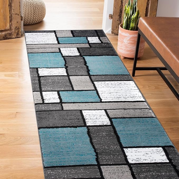 Rugshop Contemporary Modern Boxes for Home Office,Living Room,Bedroom,Kitchen Non Shedding Runner Rug 2' x 7'2" Blue/Gray